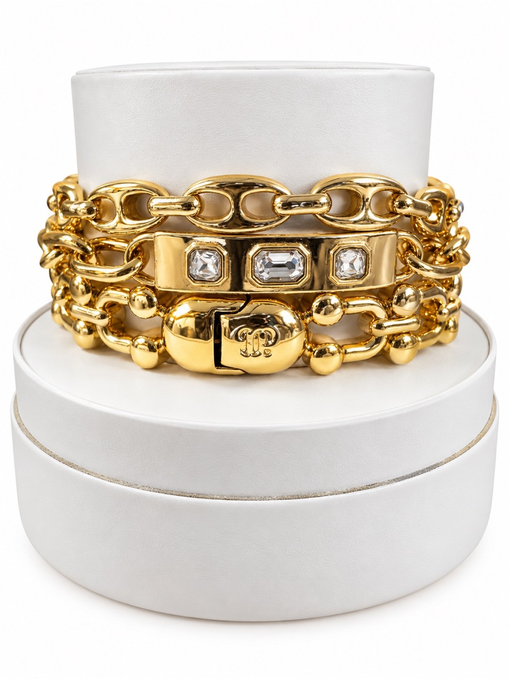 Bomb Party Gold Link Layered Bracelets with Crystal Accents